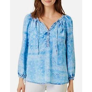 VINTAGE AMERICA Paisley Chambray Caremella Tencel Peasant Top Tunic Blue Sky - M